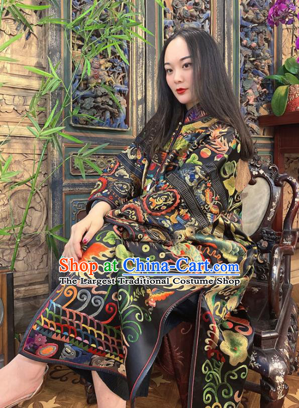 Chinese Embroidered Black Silk Dust Coat Traditional Long Gown Women Outer Garment Clothing