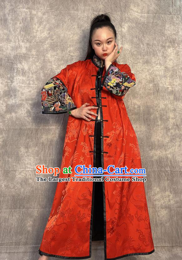 Chinese Embroidered Red Silk Coat Traditional Women Clothing Long Gown Outer Garment