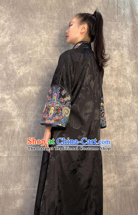 Chinese Traditional Women Clothing Long Gown Outer Garment Embroidered Black Silk Coat