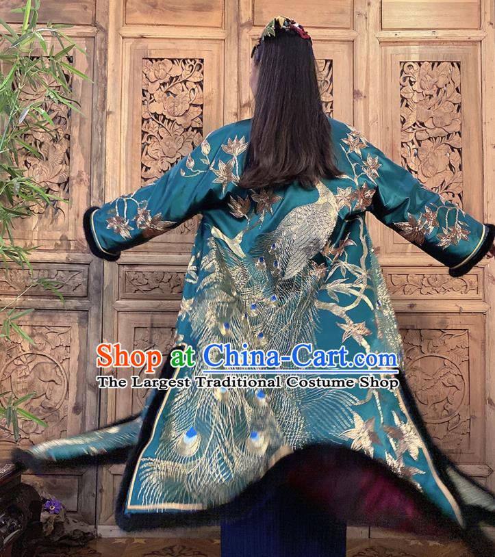 Chinese Women Winter Outer Garment Embroidered Peacock Green Silk Dust Coat Traditional Clothing