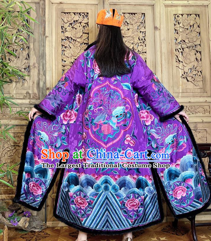 Chinese Women Winter Embroidered Peony Outer Garment Purple Silk Dust Coat Traditional National Clothing