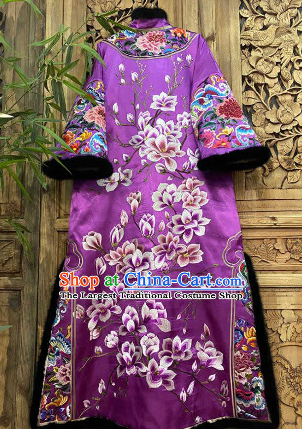 Chinese Women Winter Outer Garment Traditional National Clothing Embroidered Mangnolia Purple Silk Dust Coat