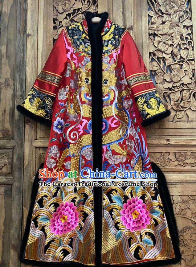 Chinese Embroidered Dragon Dust Coat Winter Red Silk Outer Garment Traditional National Women Clothing