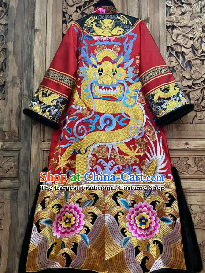 Chinese Embroidered Dragon Dust Coat Winter Red Silk Outer Garment Traditional National Women Clothing