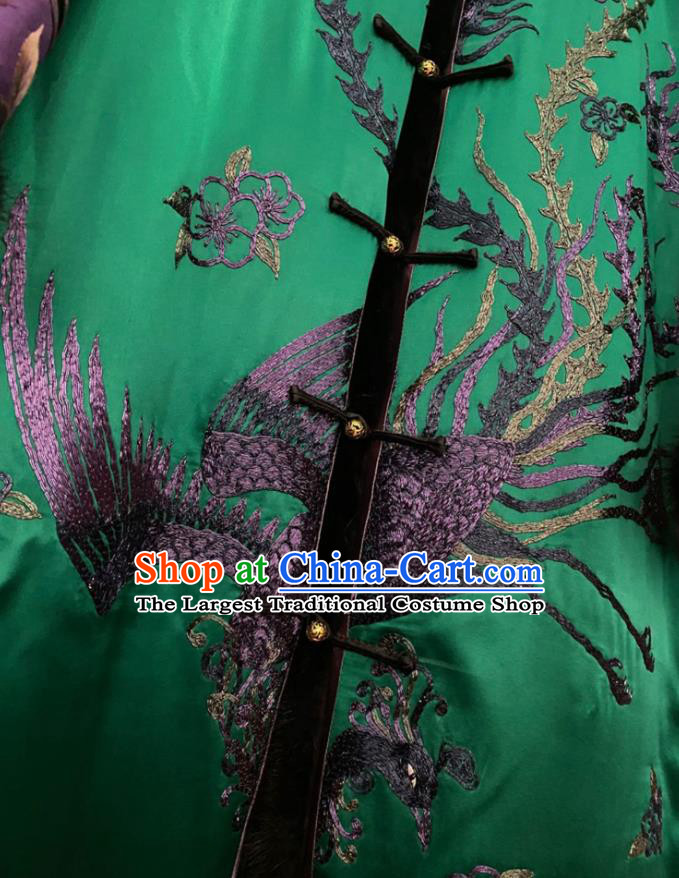 Chinese Winter Green Silk Outer Garment Traditional National Women Clothing Embroidered Phoenix Dust Coat