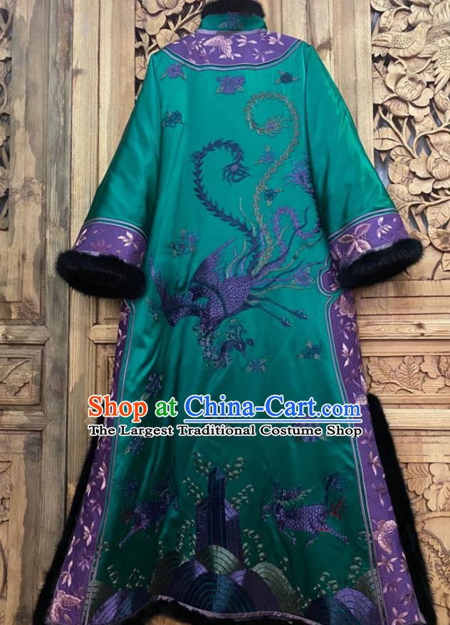 Chinese Winter Green Silk Outer Garment Traditional National Women Clothing Embroidered Phoenix Dust Coat