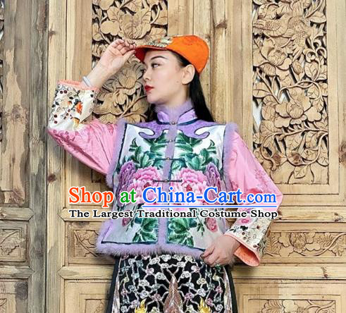 Chinese Winter Violet Silk Waistcoat Traditional National Women Clothing Embroidered Peony Vest