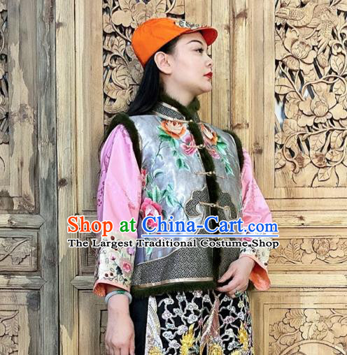 Chinese Traditional Winter Clothing Embroidered Vest Grey Silk Waistcoat