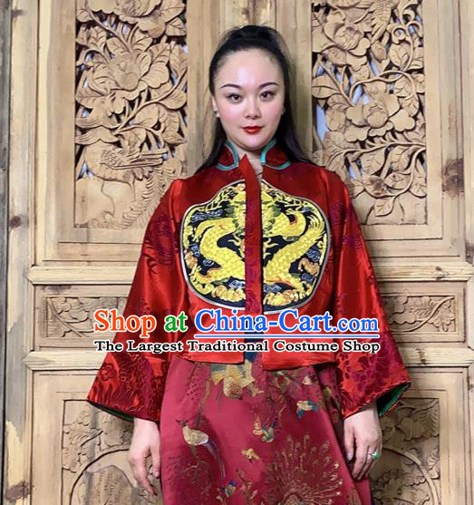 Chinese Tang Suit Upper Outer Garment Traditional Embroidered Red Silk Jacket