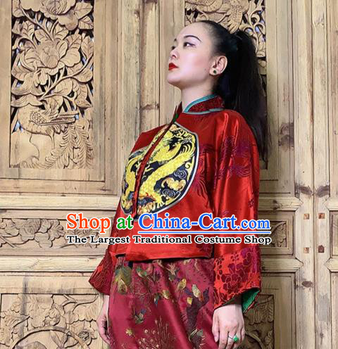 Chinese Tang Suit Upper Outer Garment Traditional Embroidered Red Silk Jacket