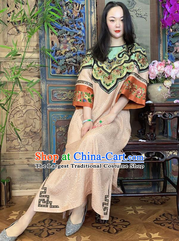 China Hand Embroidery Champagne Silk Dress National Embroidered Cheongsam Costume
