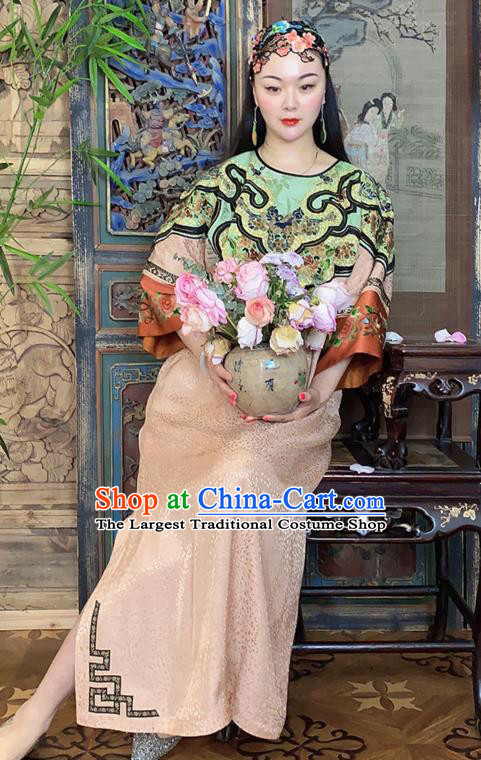 China Hand Embroidery Champagne Silk Dress National Embroidered Cheongsam Costume
