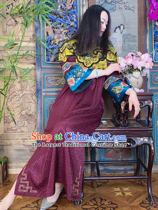 China National Embroidered Cheongsam Costume Hand Embroidery Purple Silk Qipao Dress