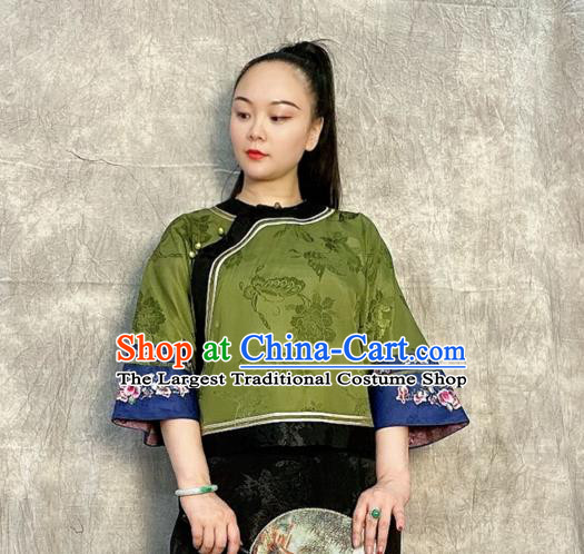 Chinese Tang Suit Upper Outer Garment Traditional Green Silk Blouse