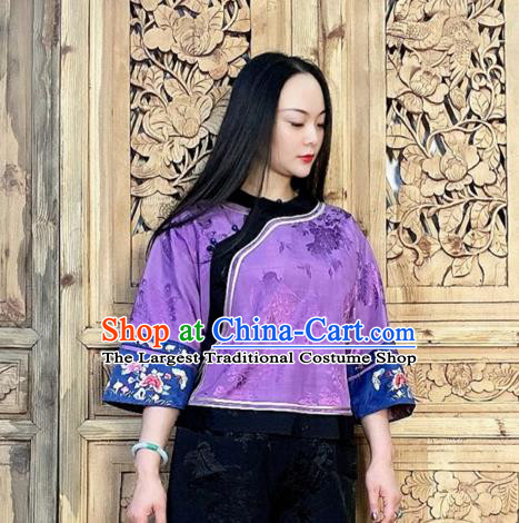 Chinese Traditional Purple Silk Blouse Tang Suit Upper Outer Garment Embroidered Cheongsam Shirt