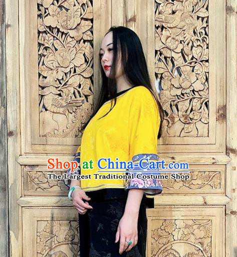 Chinese Embroidered Cheongsam Shirt Traditional Golden Silk Blouse Tang Suit Upper Outer Garment