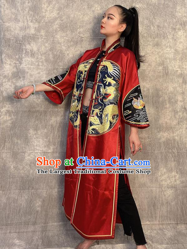 Chinese Traditional National Costume Tang Suit Overcoat Embroidered Dragon Red Silk Dust Coat
