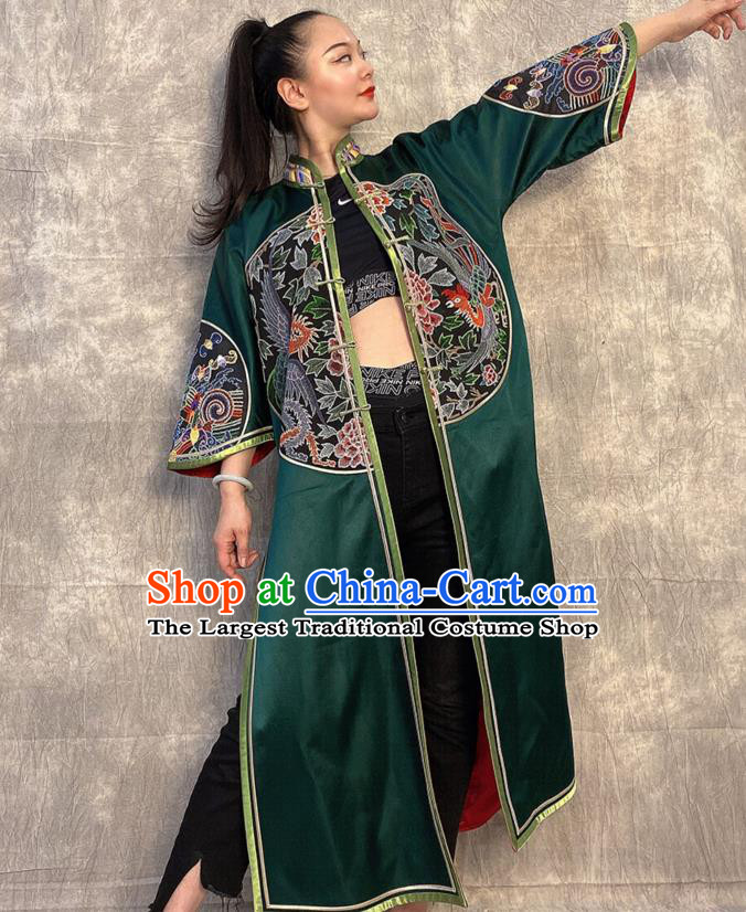 Chinese Embroidered Dragon Deep Green Silk Dust Coat Traditional National Costume Tang Suit Overcoat