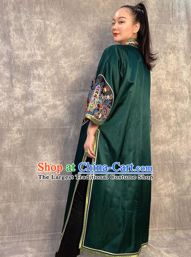 Chinese Embroidered Dragon Deep Green Silk Dust Coat Traditional National Costume Tang Suit Overcoat