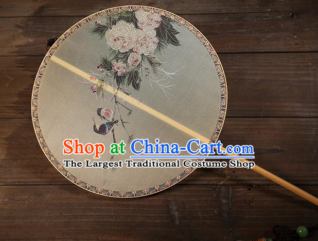 China Classical Peony Birds Pattern Silk Fan Traditional Ming Dynasty Palace Fan Handmade Hanfu Circular Fan
