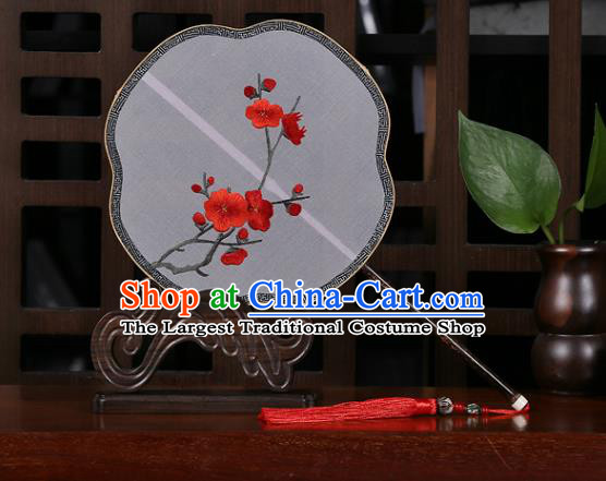 China Traditional Embroidered Red Plum Palace Fan Classical Dance Fan Handmade White Silk Fan