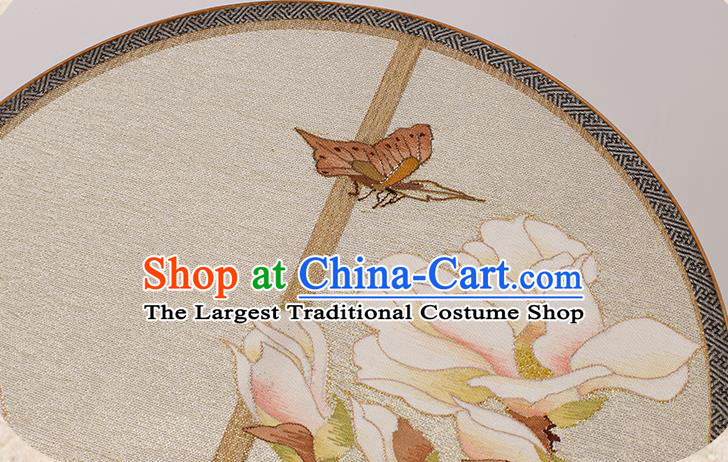 China Classical Painting Mangnolia Beige Silk Fan Handmade Palace Fan Traditional Ming Dynasty Princess Circular Fan