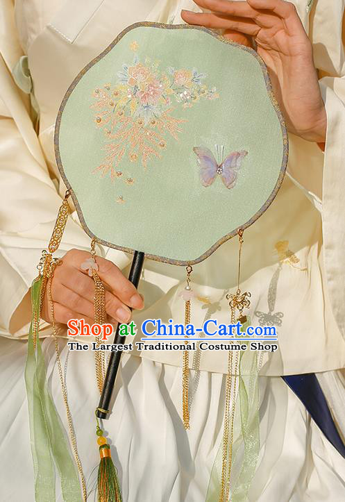 China Traditional Ming Dynasty Princess Fan Classical Silk Fan Handmade Green Ribbon Tassel Palace Fan