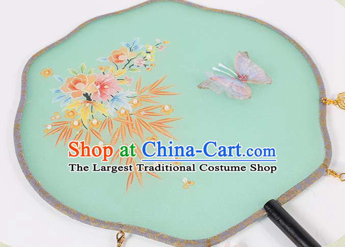 China Traditional Ming Dynasty Princess Fan Classical Silk Fan Handmade Green Ribbon Tassel Palace Fan