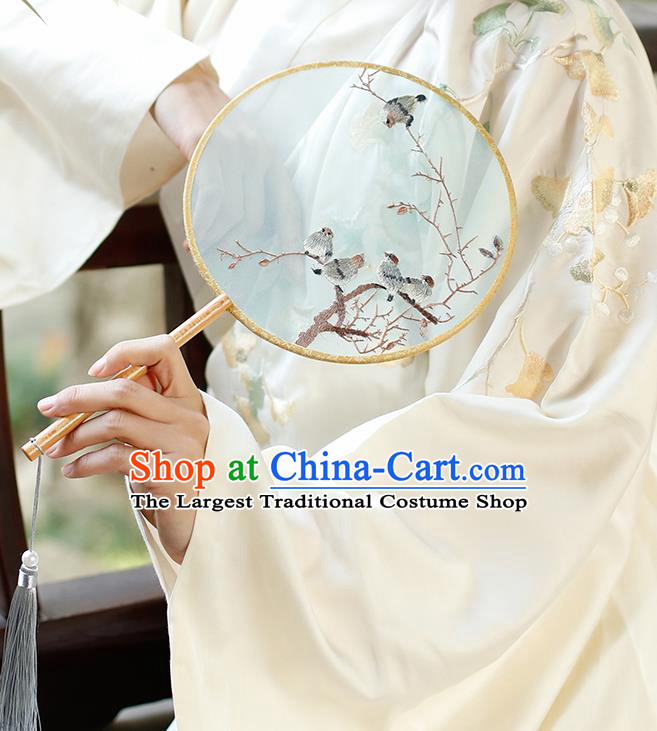 China Traditional Hanfu Fan Handmade Embroidered Birds Palace Fan Classical Light Blue Silk Circular Fan