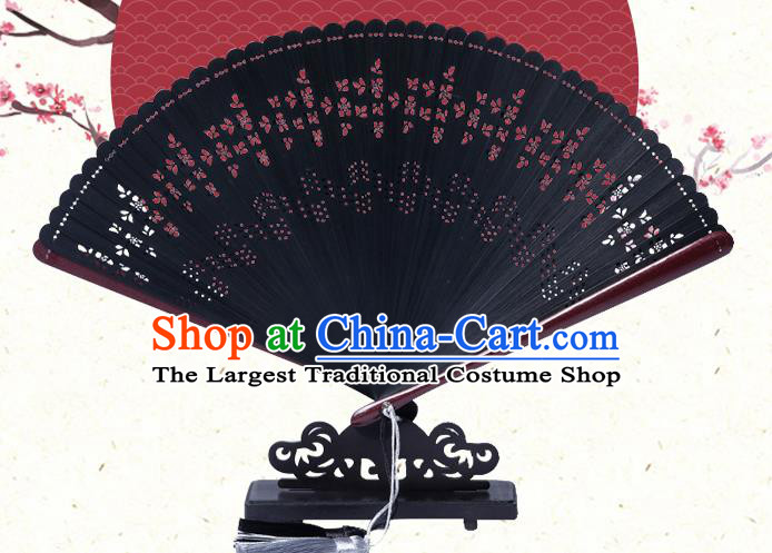 Chinese Classical Folding Fan Handmade Hollow Fan Traditional Black Bamboo Accordion