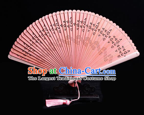Chinese Handmade Hollow Fan Traditional Pink Bamboo Accordion Classical Folding Fan
