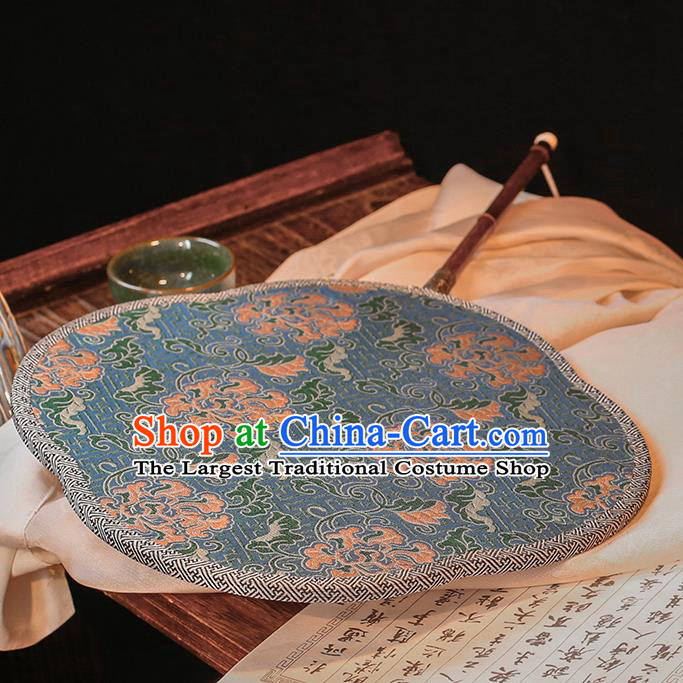 China Classical Blue Silk Fan Handmade Palace Fan Traditional Song Dynasty Wedding Begonia Fan