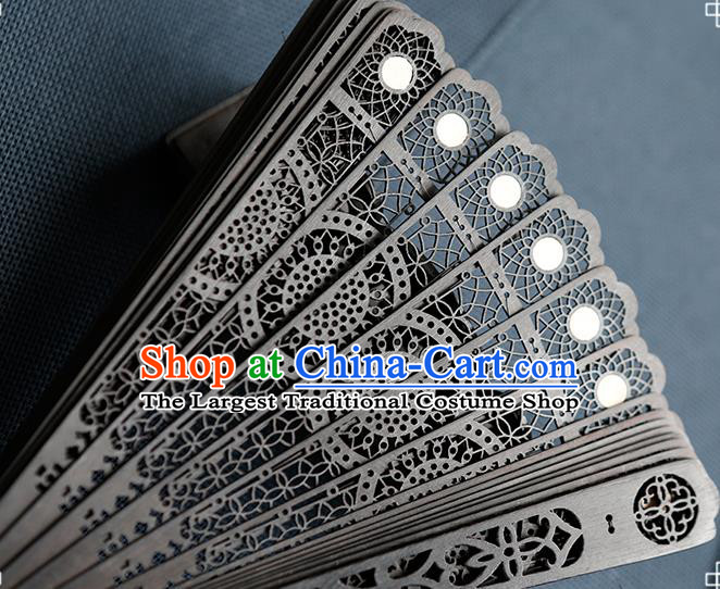 Chinese Handmade Hollow Peacock Feather Fan Classical Dance Folding Fan Traditional Black Sandalwood Accordion
