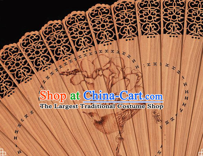 Chinese Handmade Hollow Fan Classical Dance Folding Fan Traditional Printing Begonia Bird Sandalwood Accordion