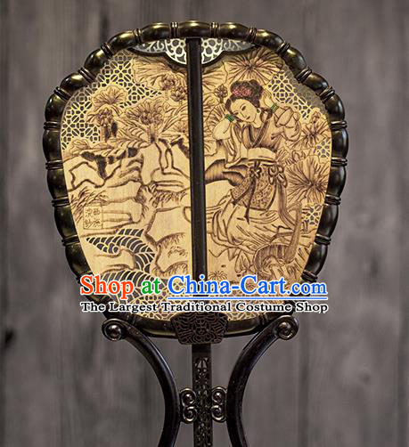 China Classical Beauty Xi Shi Pattern Palace Fan Handmade Hollow Rosewood Fan Traditional Carving Wood Fan