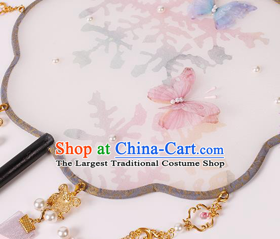 China Handmade Palace Fan Traditional Jin Dynasty Princess Silk Fan Classical Ribbon Tassel Fan