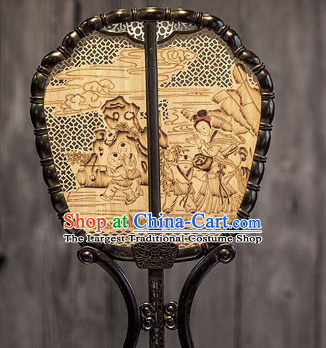 China Classical Playing Boys Painting Palace Fan Handmade Hollow Fan Traditional Carving Wood Fan