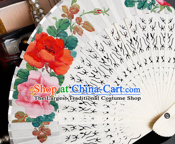 Chinese Hand Painting Rose Folding Fan Classical Fan Hollow Bones Accordion
