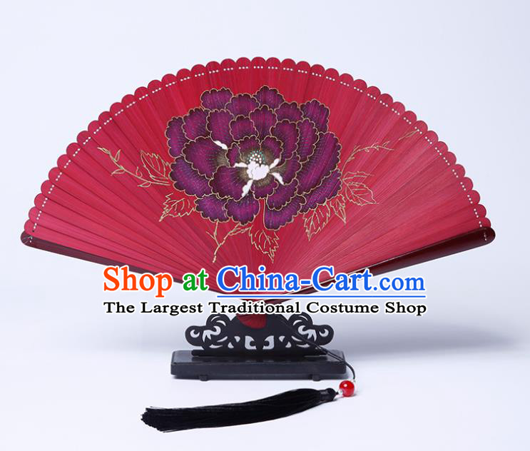 Chinese Traditional Red Bamboo Accordion Classical Folding Fan Handmade Painting Peony Fan