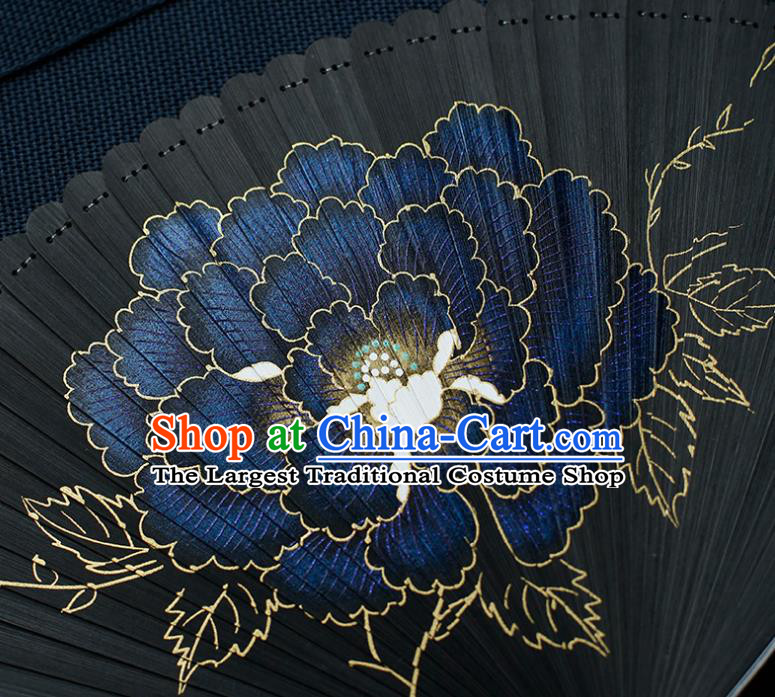 Chinese Classical Folding Fan Handmade Painting Peony Fan Traditional Black Bamboo Accordion