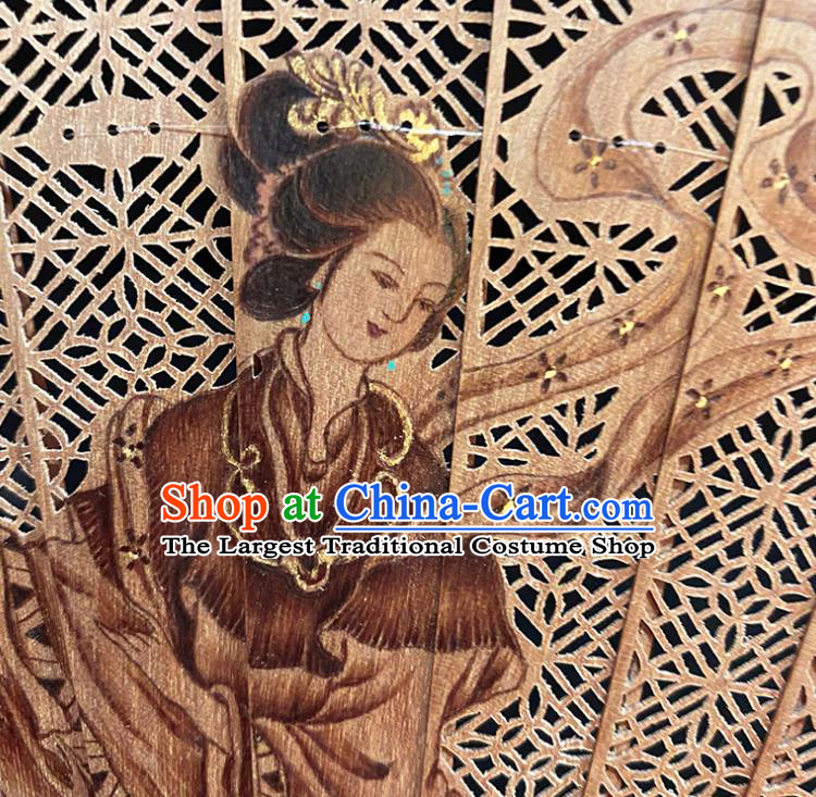 Chinese Handmade Carving Goddess Folding Fan Hollow Accordion Classical Sandalwood Fan
