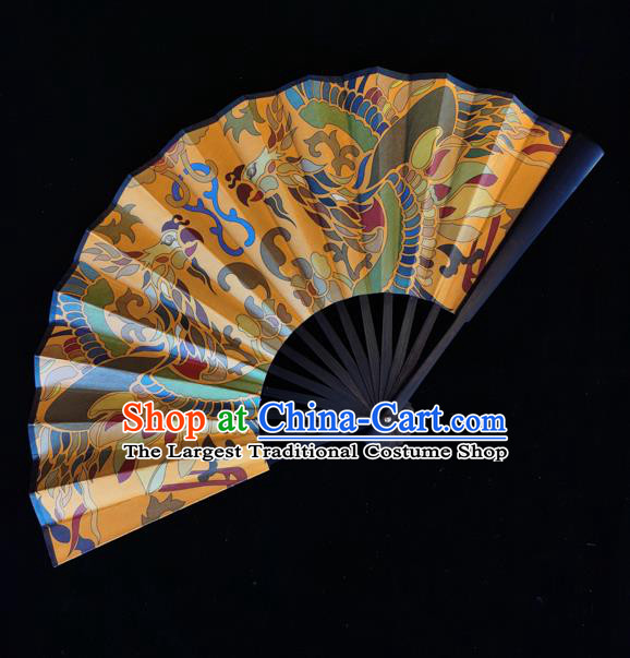 Chinese Traditional Kung Fu Accordion Handmade Folding Fan Printing Dragon Golden Paper Fan