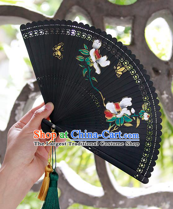 Chinese Traditional Printing Gardenia Black Bamboo Fan Handmade Kung Fu Folding Fan