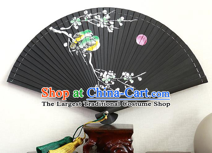 Chinese Handmade Hollow Black Bamboo Fan Traditional Printing Plum Blossom Fan Kung Fu Folding Fan