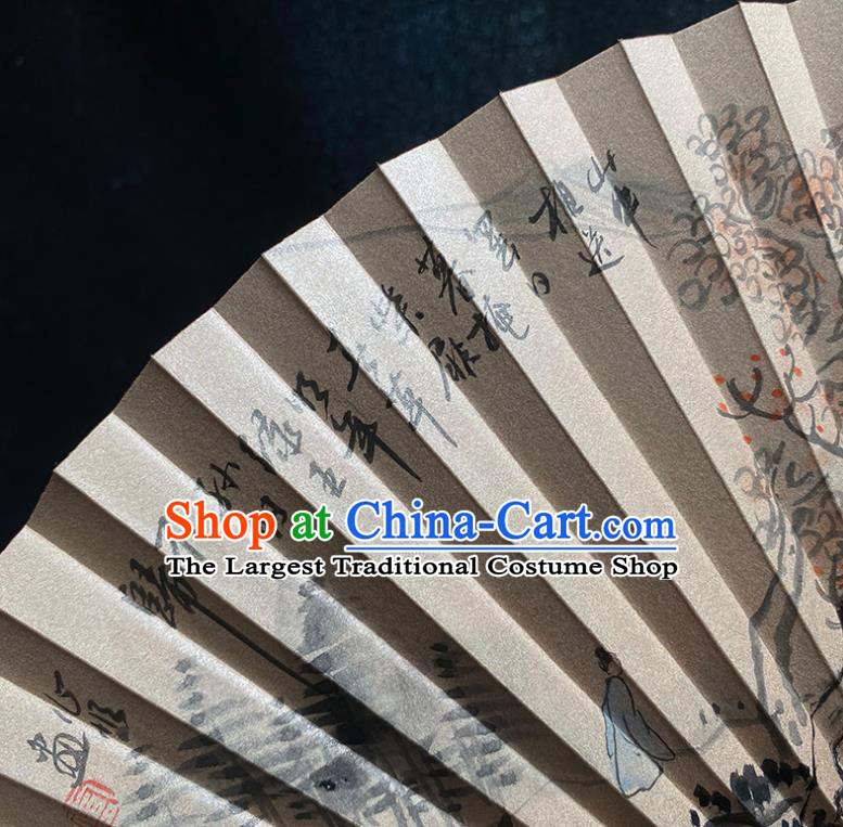 Chinese Ink Painting Accordion Classical Sandalwood Fan Handmade Folding Fan