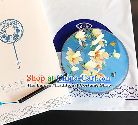 China Handmade Embroidered Mangnolia Palace Fan Classical Dance Blue Silk Circular Fan Traditional Hanfu Fan