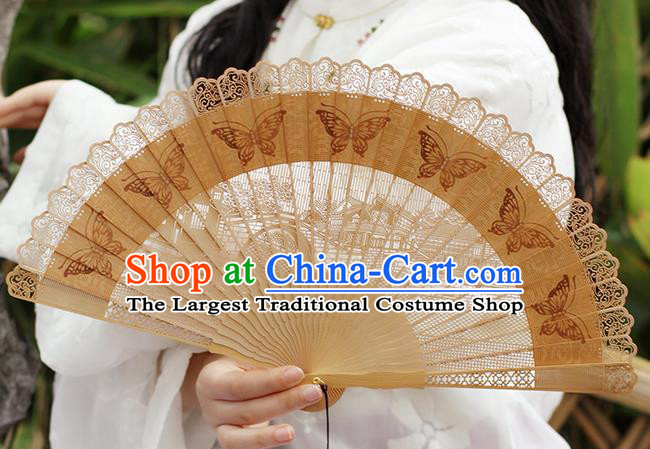 Chinese Printing Butterfly Folding Fan Traditional Hollow Fan Handmade Sandalwood Fan