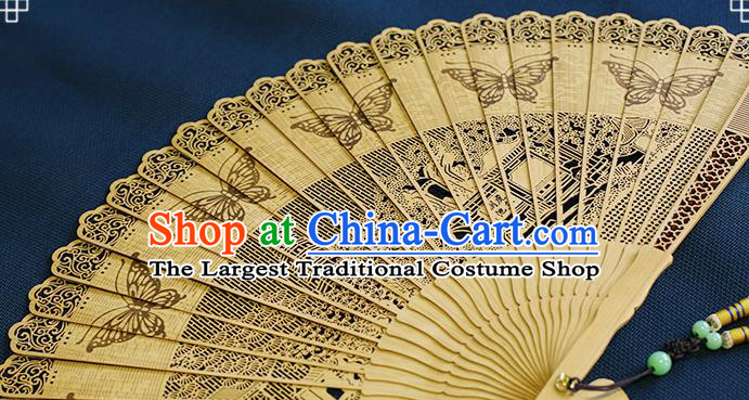 Chinese Printing Butterfly Folding Fan Traditional Hollow Fan Handmade Sandalwood Fan