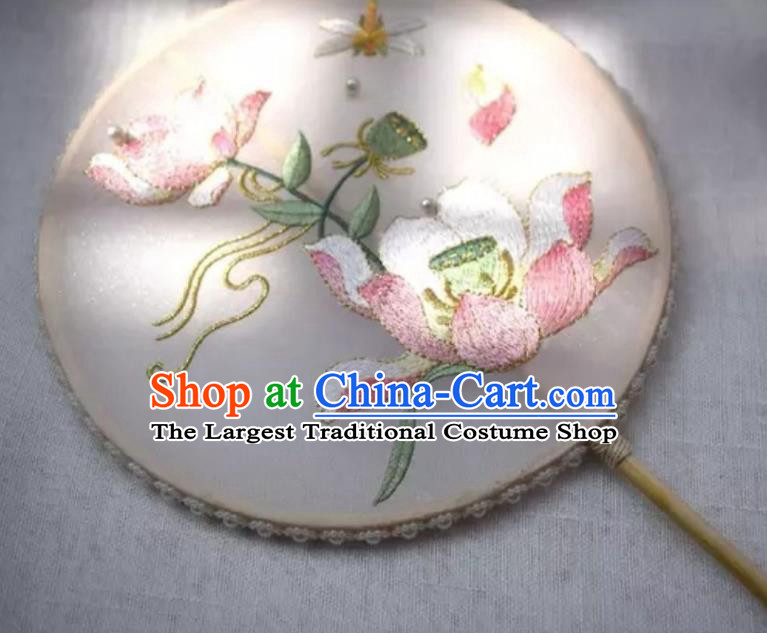 China Handmade Embroidered Lotus Palace Fan Classical Silk Circular Fan Traditional Hanfu Princess Fan