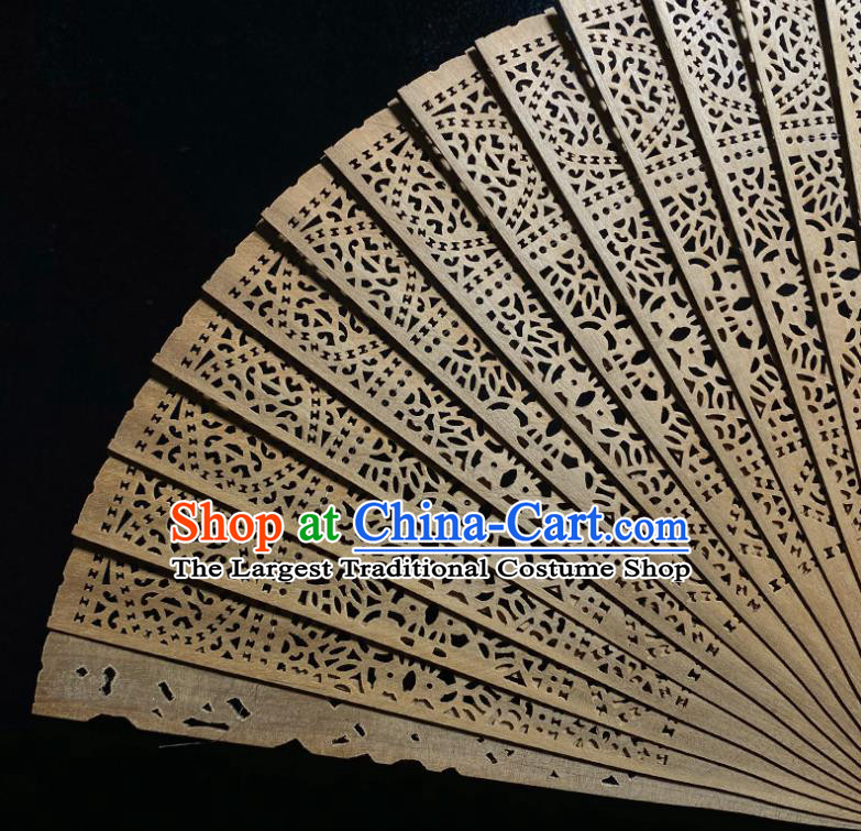 Chinese Handmade Hollow Sandalwood Accordion Folding Fan Classical Gems Fan